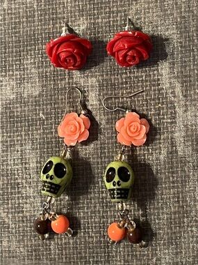 Bohemian Floral Green Skull Dangle and Red Rose Stud Earrings Duo Set